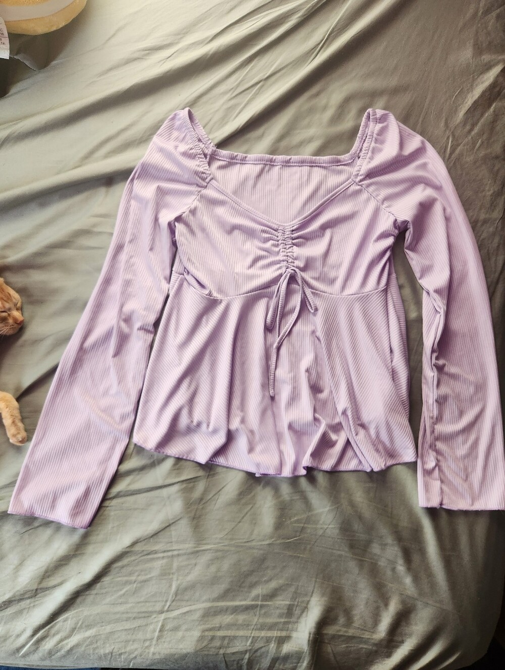 SHEIN Lilac Ruched Long-Sleeve Ribbed Square Neck Top
